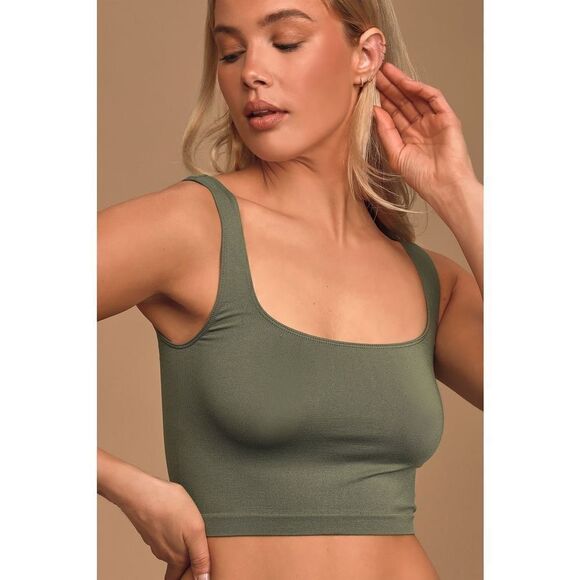 Free People NWT Scoop Neck Army Green Crop Tank Top SZ XS/S - Picture 1 of 5
